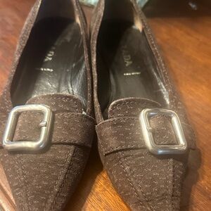✔️ 46 Pre-loved Prada Brown Suede Pointed Loafers with Silver Buckles